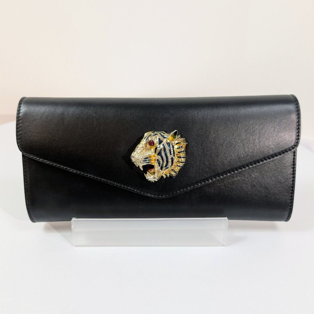 Gucci Black Rajah Broadway Smooth Leather Jeweled Tiger Head Clutch - Picture 1 of 15